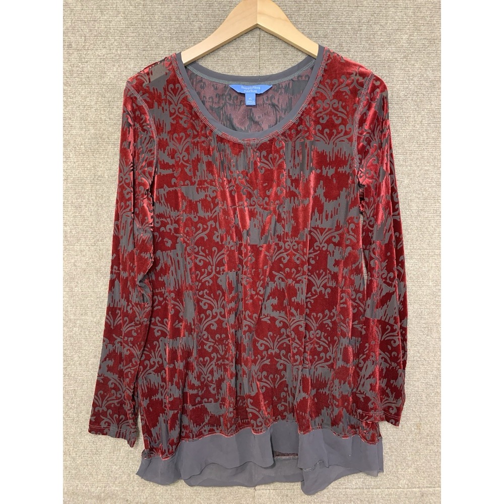 Women's Burgundy Velvet Burnout Top Long Sleeve Sz XL Whimsygoth Grunge